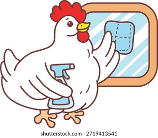 Süße Rooster Hühnchen Aufkleber Symbol. Lustige Hahn Huhn Reinigung des Fensters mit Spray und Wischen