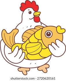 Ícone do adesivo de galinha de galo bonito. Engraçado Galo Frango trazer um peixe de ouro