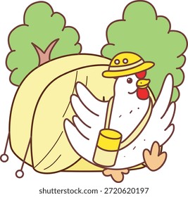 Icono lindo de la etiqueta engomada del pollo del gallo. Pollo de gallo divertido en el campamento