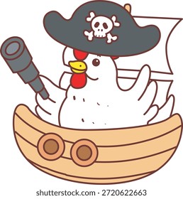 Icono lindo de la etiqueta engomada del pollo del gallo. Pollo de gallo divertido como un pirata