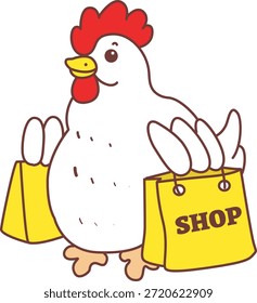 Ícone do adesivo de galinha de galo bonito. Engraçado Galo Frango trazer um saco de compras
