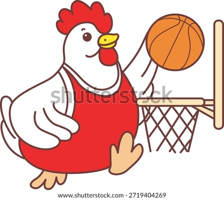 Cute Rooster Chicken sticker icon. Funny Rooster Chicken playing a basketball