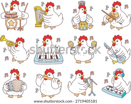 Cute Rooster Chicken sticker icon. Funny Rooster Chicken in the variation of music and instrument