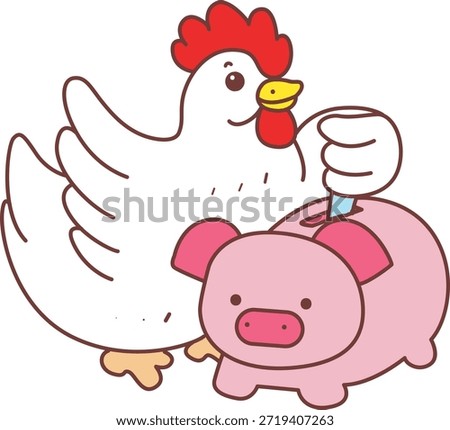 Cute Rooster Chicken sticker icon. Funny Rooster Chicken savings money in the piggy bank