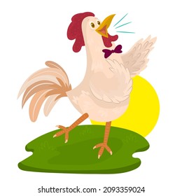 Cute rooster, cock singing with the sun rising on the horizon