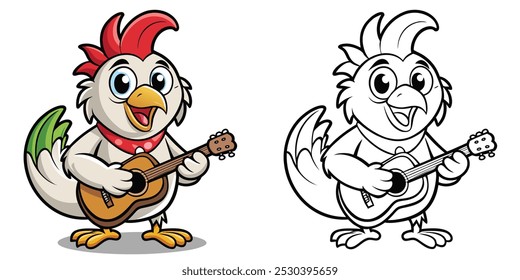 Página De Coloração De Galo Bonito Para Crianças. Galo de frango colorir imprimível. Galo bonito joga guitarra desenhos animados ilustração vetor design no fundo branco