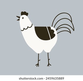 Cute rooster in countryside, Scandinavian doodle style. Adorable domestic cock profile. Amusing cockerel, feathered farm bird, funny poultry. Childish flat vector illustration