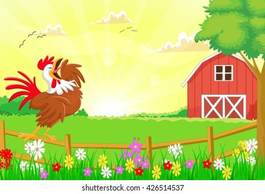 cute rooster crowing in the farm fence