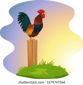 Cute rooster crowing on the fence