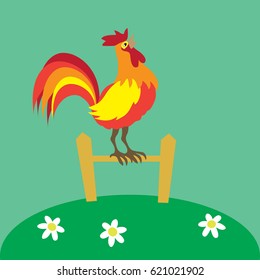 Cute rooster crowing on the fence