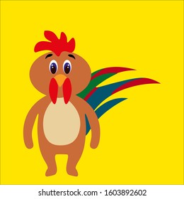 Cute rooster in flat style faces isolated on a yellow background. Stock vector illustration for decoration and design, children's books and coloring books, poscards, fabrics, posters, stickers
