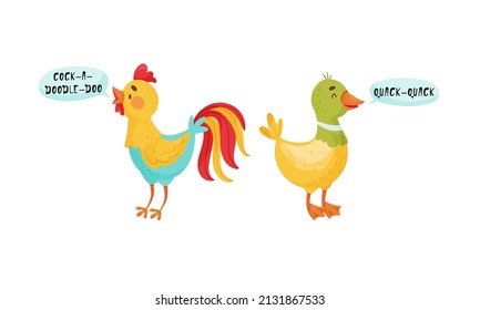 Cute rooster and goose birds making sounds set cartoon vector illustration