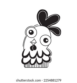 Cute rooster head. Hand drawn bird in cartoon style. Line art doodle. Detailed ornamented illustration, with beautiful decorations for coloring book. Vector isolated on white background.