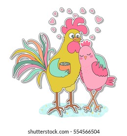 Cute rooster and hen sticker. Vector funny illustration for Valentine's Day, wedding design, scrapbook, gift wrapping paper, textiles. Cartoon style.