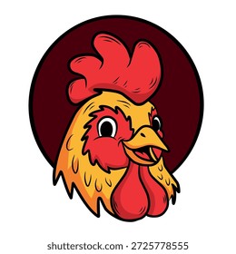 Logotipo bonito do mascote do galo. Cartoon Cabeça de Galinha Amigável. Retrato de galo amarelo no círculo. Ilustração do vetor animal da fazenda feliz. Gallus gallus domesticus Character Design Mascote de aves domésticas para Fo
