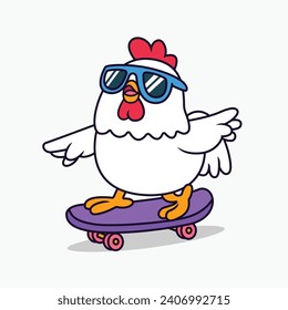 Cute rooster playing skateboard, Cartoon Illustration