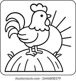 Cute Rooster at Sunrise Coloring Page