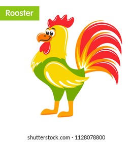 Cute rooster with yellow wings and a red tail. Funny cartoon character on white background. Flat design. Isolated object. Colorful vector illustration for kids.