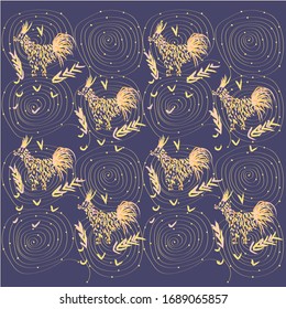 Cute roosters in floral ornament on a beige background. Seamless pattern for your design