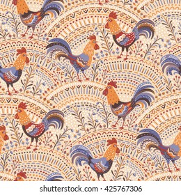 Cute roosters in floral ornament on a beige background. Seamless pattern for your design
