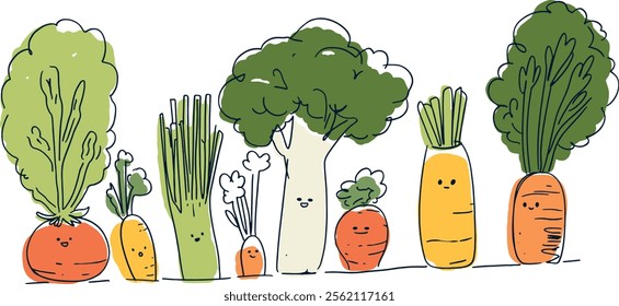 Cute Root Vegetables Healthy Food Gardening Vector Set Illustration