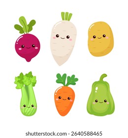 Cute root vegetables turnip, radish, potato, celery, carrot, chayote cartoon