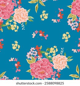 Rosa linda, fondo azul, sarees, rosa de jardín, rosa grande, ramo, detallado, colorido, ilustración, fondo, patrón sin fisuras, repetir impresión, textil, Vector de tela ilustraciones