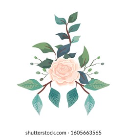 cute rose with branches and leafs isolated icon vector illustration design