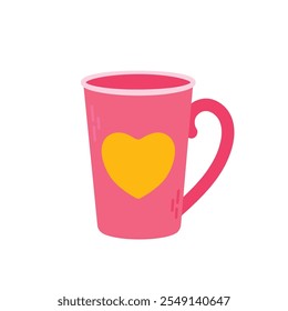 Cute rose cup with heart for Valentine's Day. Mug with coffee Flat illustration