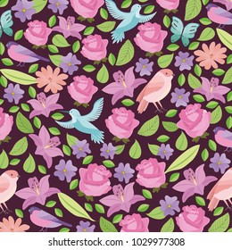 cute rose daisy lily birds leaves natural decoration background
