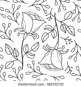 Cute rose floral seamless pattern. Abstract black and white flower seamless pattern. Monochrome simple doodle print