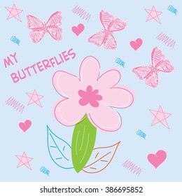 cute rose flower with butterflies and stars and hearts vector illustration