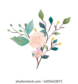 cute rose with flower and leafs isolated icon vector illustration design