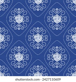 Cute rose flower seamless pattern.Floral filigree ethnic on fabric texture background.Trendy folk retro design elements for love decoration,celebration,fashion,home deco,print products.Hand drawn