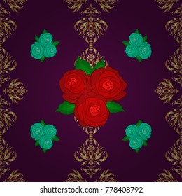 Cute rose flowers and green leaves pattern. Watercolor seamless pattern on striped background. Vector floral print in purple and red colors.