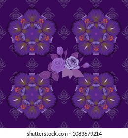 Cute rose flowers and leaves pattern. Watercolor seamless pattern on striped background. Vector floral print in violet, purple and brown colors.