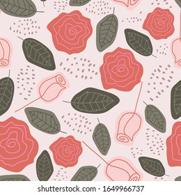 Cute rose flowers seamless pattern, childish scandinavian drawing, retro colors decoration. Ready for fashion textile print, vector illustration botanical garden.