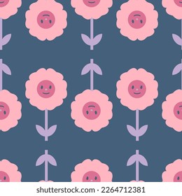Cute rose flowers with smiling faces seamless pattern. Floral print for tee, paper, fabric, textile. Retro vector illustration for decor and design.





