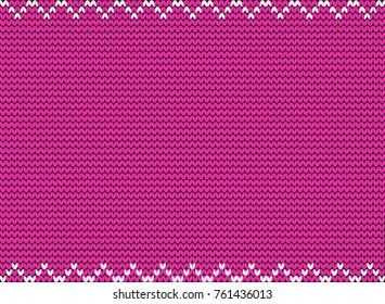 Cute rose knitted background framed with white weavy zig zag pattern. Vector illustration, border, template with space for text for design.