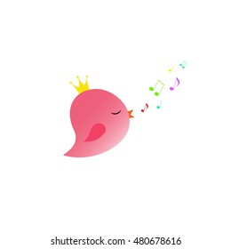 cute rose little bird with the crown sings with its beak and fly colorful notes, Vector illustration, bird  in minimalistic style