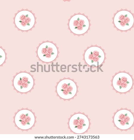 Cute Rose Medallion Seamless Pattern with Vintage Floral Labels on Soft Pink Background