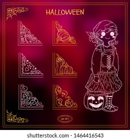 Cute rose pink illustrations and corners for frames and decorations. Funny Halloween theme arts in each triangle. Ornate wave elements different in each set, hand drawn sketch collection 