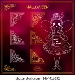 Cute rose pink illustrations and corners for frames and decorations. Funny Halloween theme arts in each triangle. Ornate wave elements different in each set, hand drawn sketch collection 