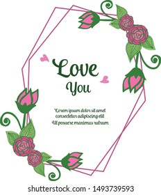 Cute rose pink wreath frame, for invitation card love you. Vector