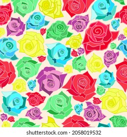 Cute roses in blue, red, yellow, green and purple color seamless pattern. Suitable for fabric, wrapping, sheets, print and packaging. Surface seamless pattern design with light pink background.