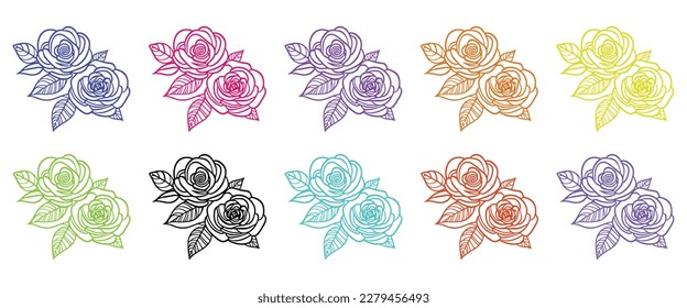 A Cute Roses with Leaf Ten color Vector artwork coloring page, coloring book, black outline hand sketch. Vector element for natural, wedding design, plant, botanical illustration, coloring book, line 