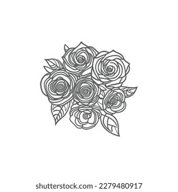 A Cute Roses set Vector artwork coloring page, coloring book, leaves, black outline hand drawn sketch. Vector element for natural, wedding design, plant, botanical illustration, coloring book, line ar
