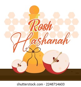Cute rosh hashanah poster Honey jar with cut apples Vector