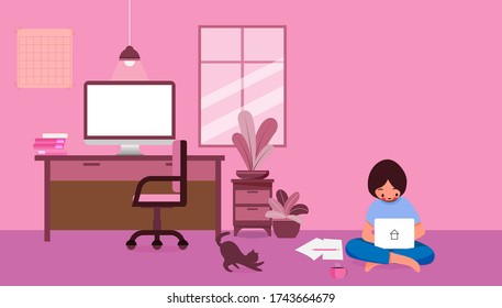 Cute rosy cheeked character working on floor With cats nearby. Pink room vector illustration for graphic design,website or banner