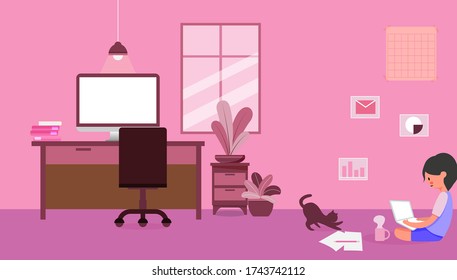 Cute rosy cheeked character working on floor With cats nearby. Pink room vector illustration for graphic design,website or banner